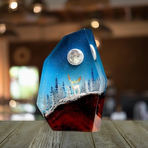 Arctic Deer Epoxy Resin Lamp: Aurora Forest Night Light